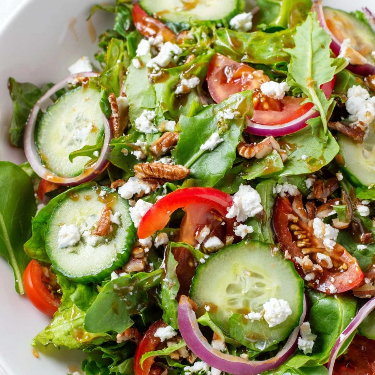 Crisp spring mix salad drizzled with tangy balsamic vinaigrette in a rustic wooden bowl