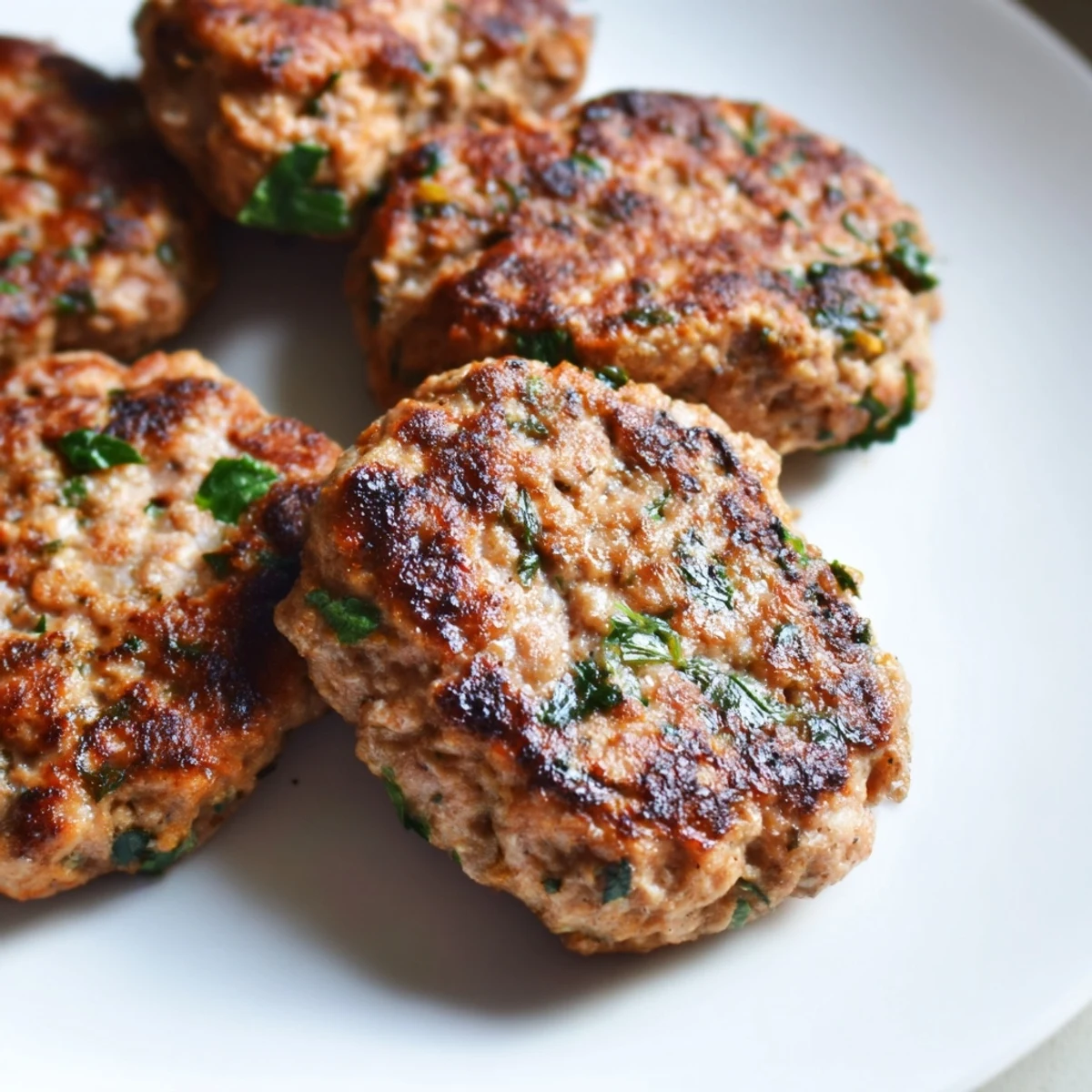 Seasoned ground turkey sausage shaped into perfectly round breakfast patties on a plate