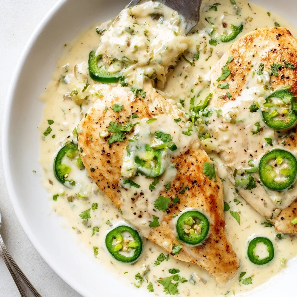 Golden jalapeno chicken breasts smothered in creamy melted cheese sauce with sliced peppers