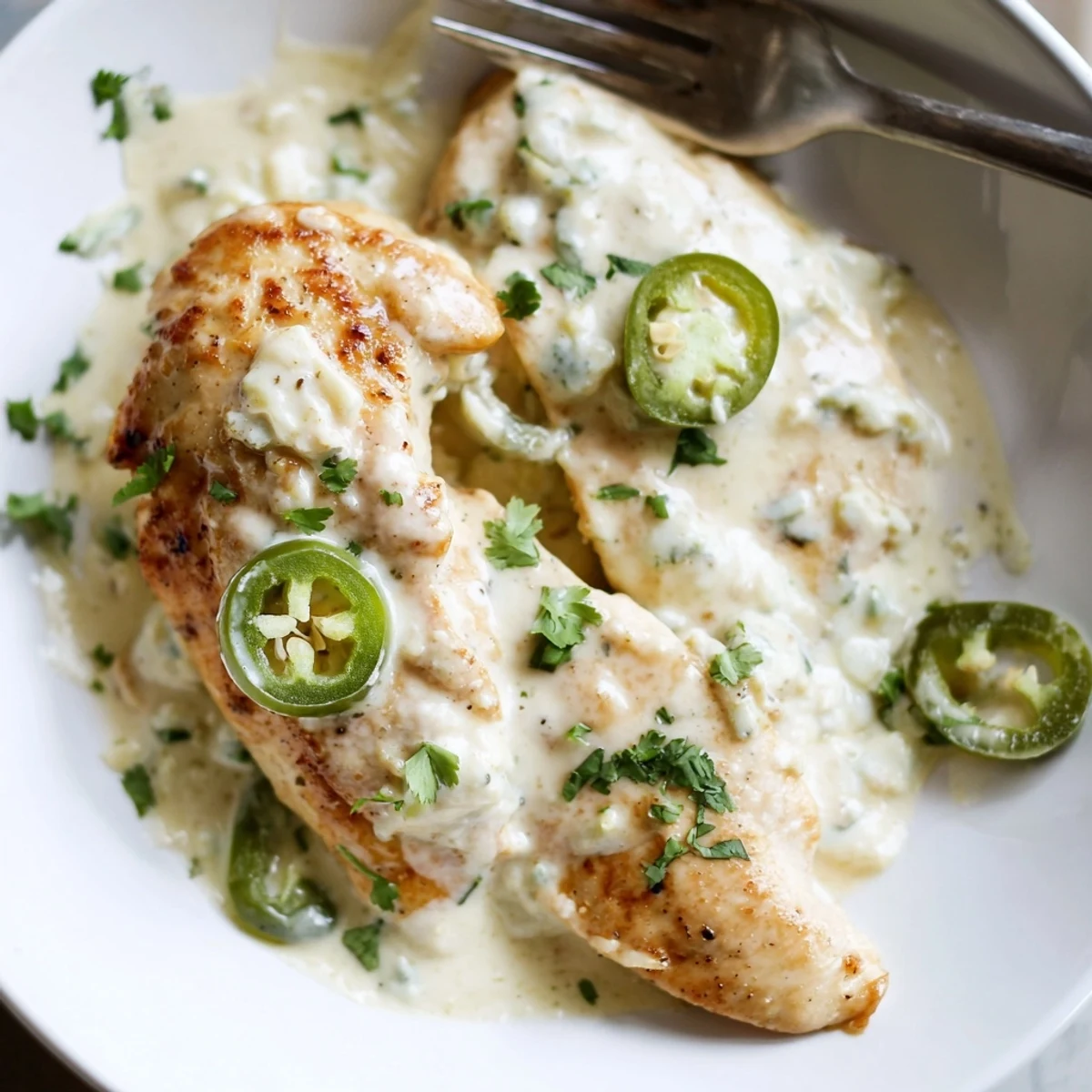 Spicy jalapeno chicken in rich white cream sauce topped with fresh green cilantro