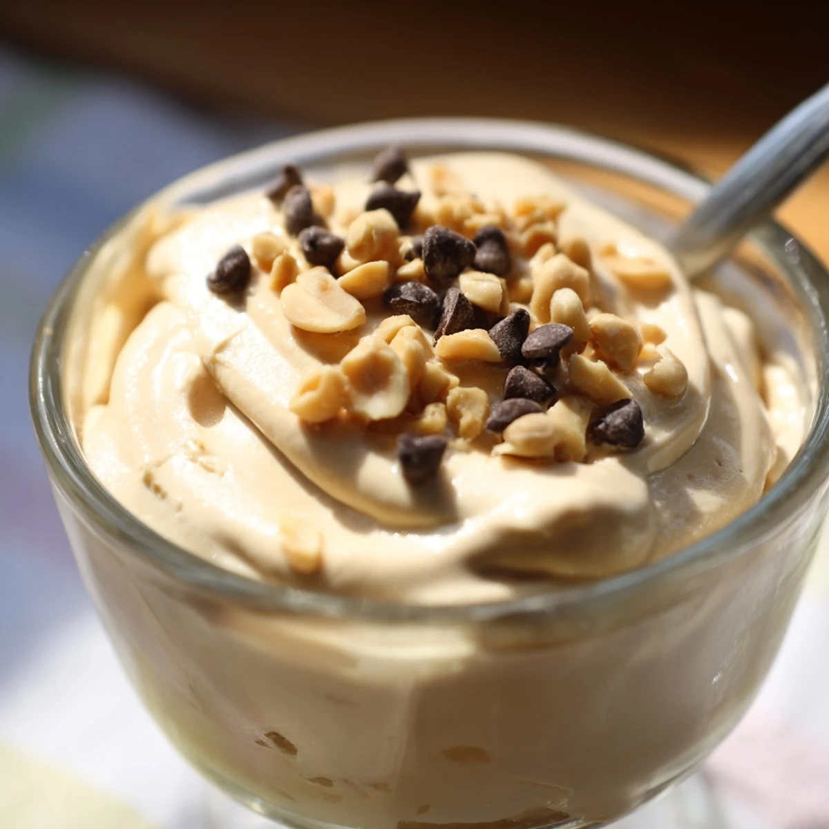 Creamy Peanut Butter and Cool Whip Mousse topped with chocolate shavings in glass bowls