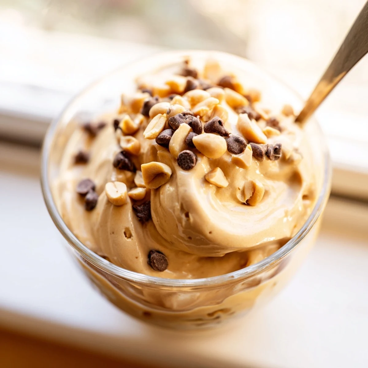Fluffy Peanut Butter and Cool Whip Mousse swirled in serving dishes with chopped peanuts