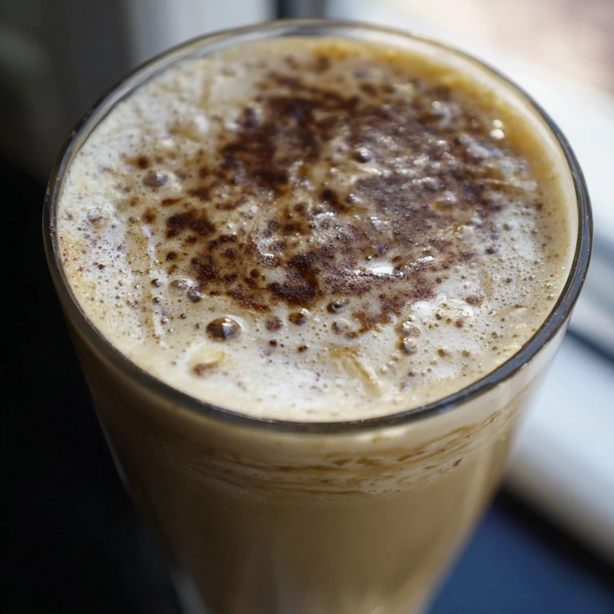 Creamy coffee smoothie topped with chocolate shavings in a clear glass