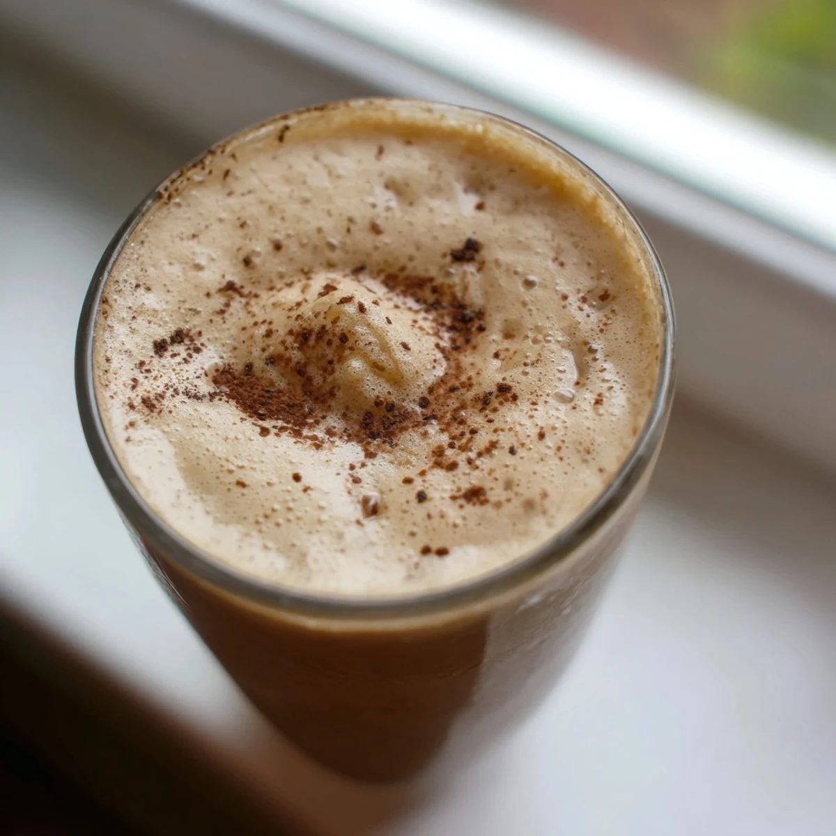 Frothy coffee smoothie blended with banana served in two tall glasses