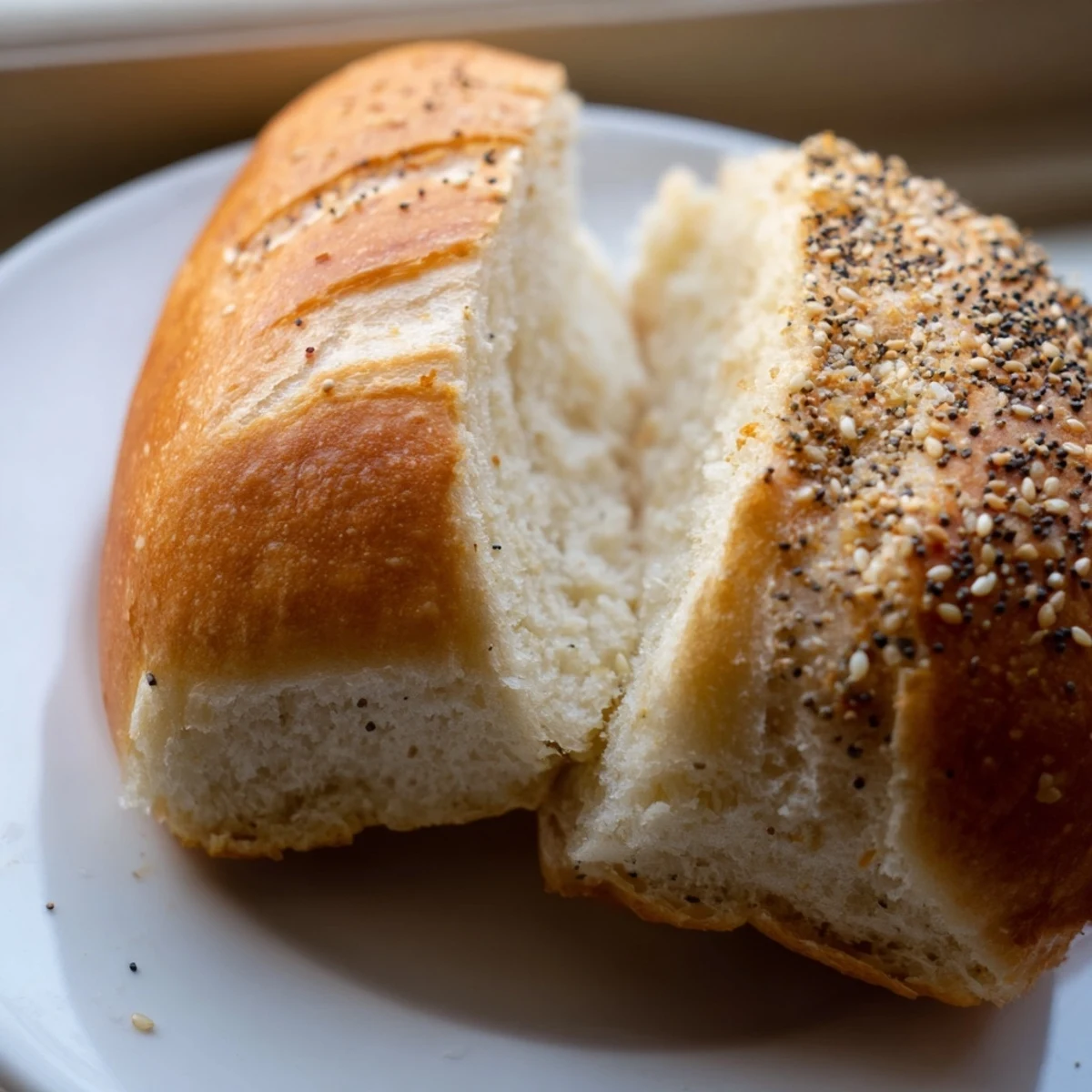 Golden sourdough discard hot dog buns brushed with butter and sprinkled with sesame seeds on a rustic baking sheet.