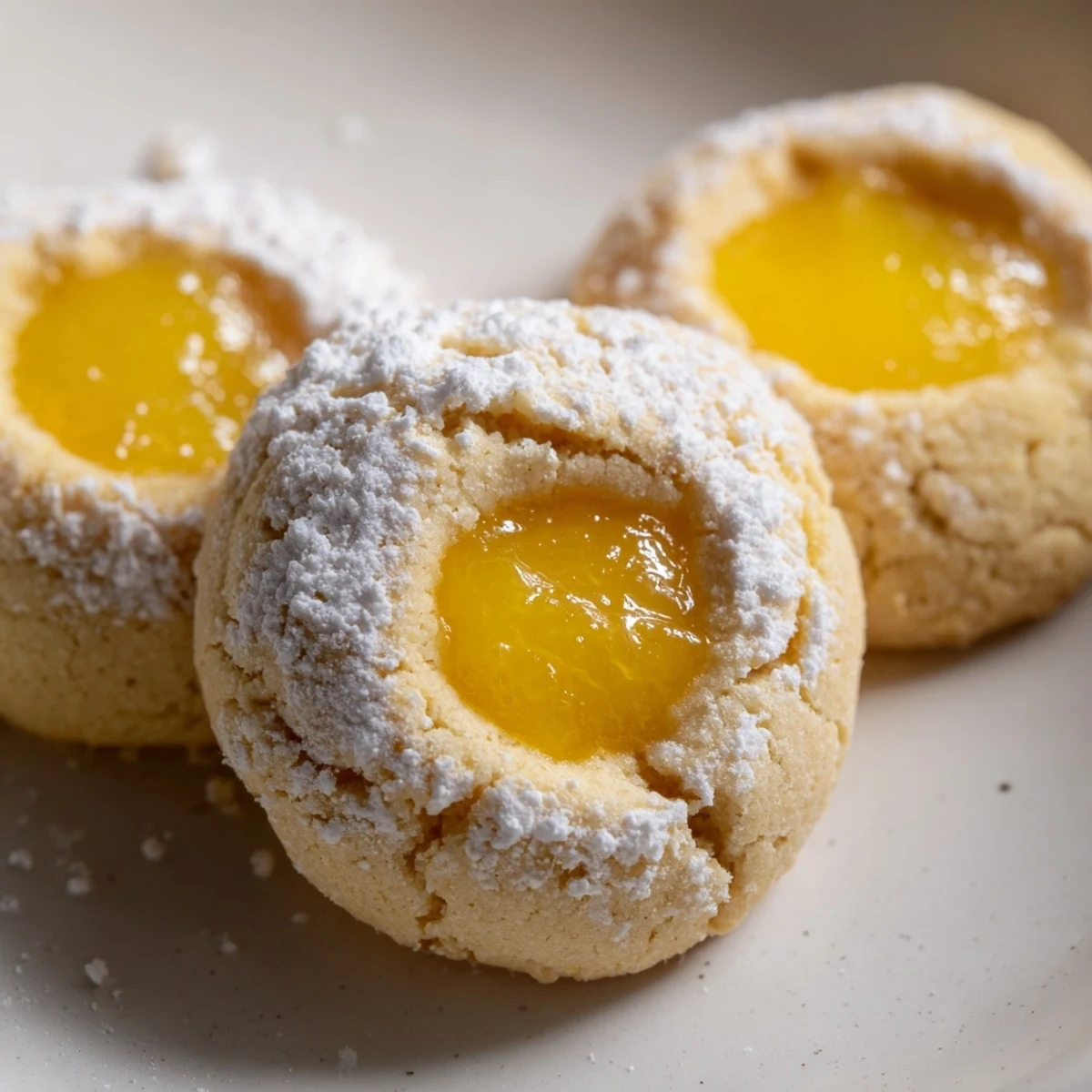 Golden lemon curd cookies with tangy filling on a white ceramic serving plate