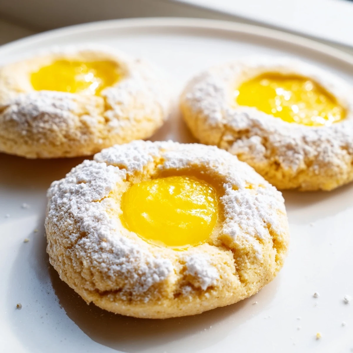 Buttery lemon curd cookies dusted with powdered sugar on a rustic baking sheet