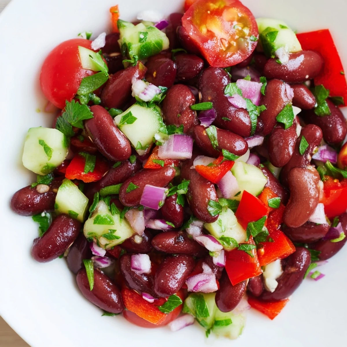 Kidney bean salad topped with diced bell peppers cucumber and tangy vinaigrette dressing