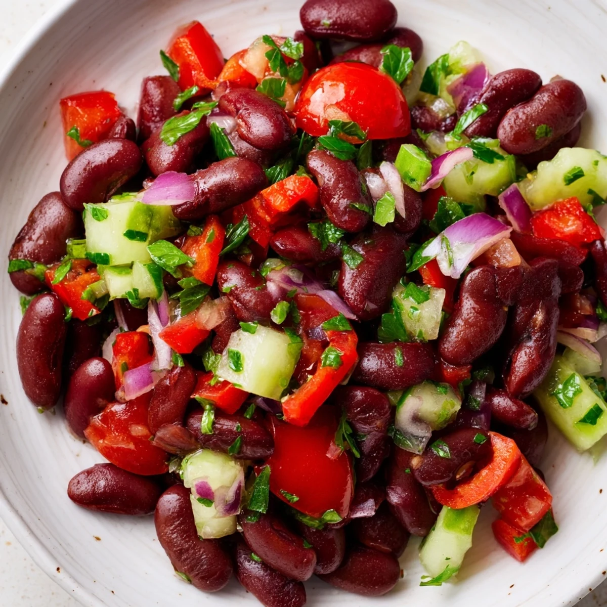Colorful kidney bean salad in a serving bowl with crisp vegetables and fresh herbs