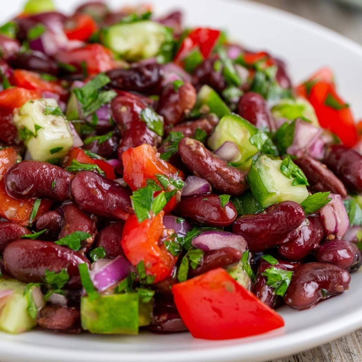 Rustic kidney bean salad served on a wooden table with scattered fresh parsley leaves