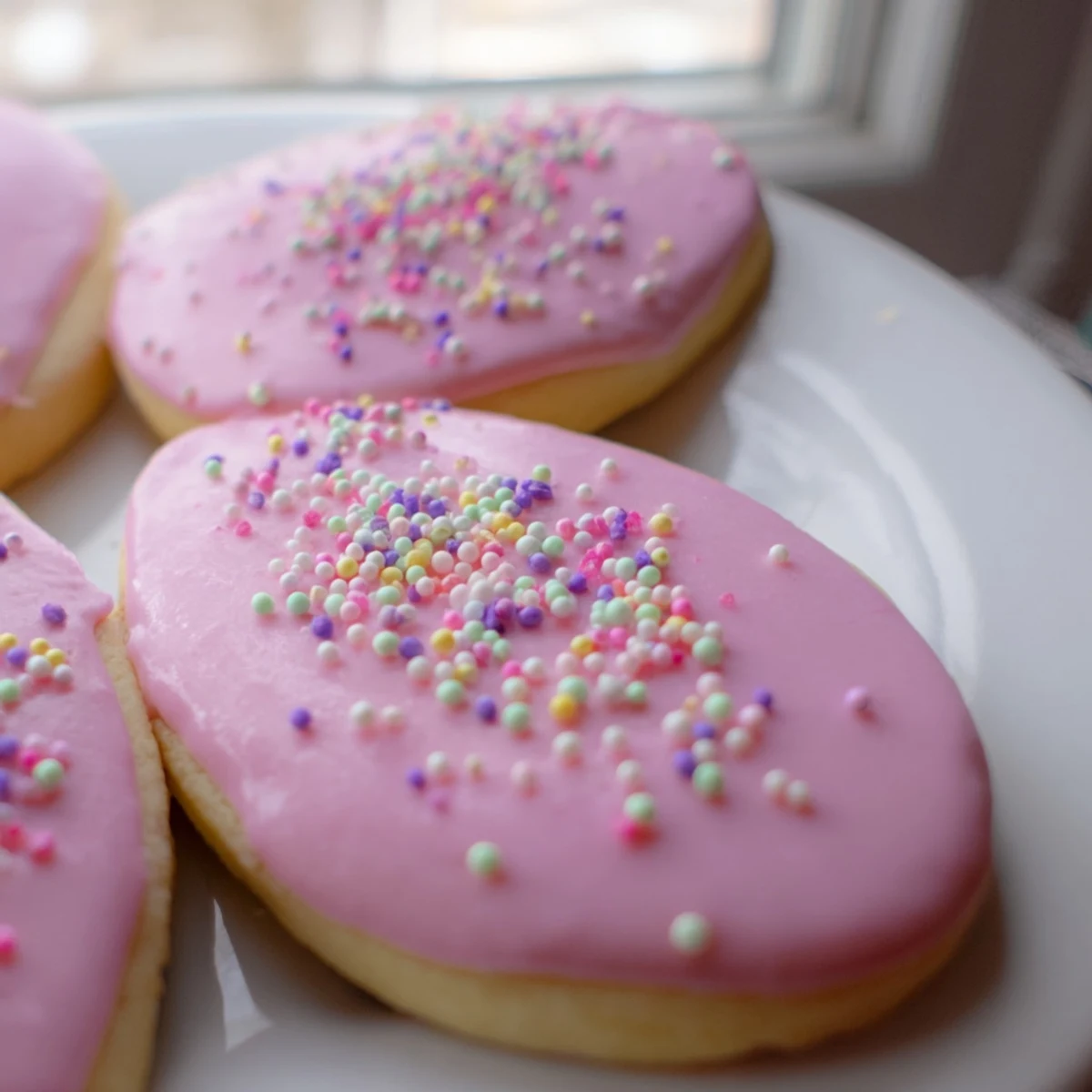 Pastel frosted Spring Easter cookies arranged on a rustic wooden serving board with colorful sprinkles
