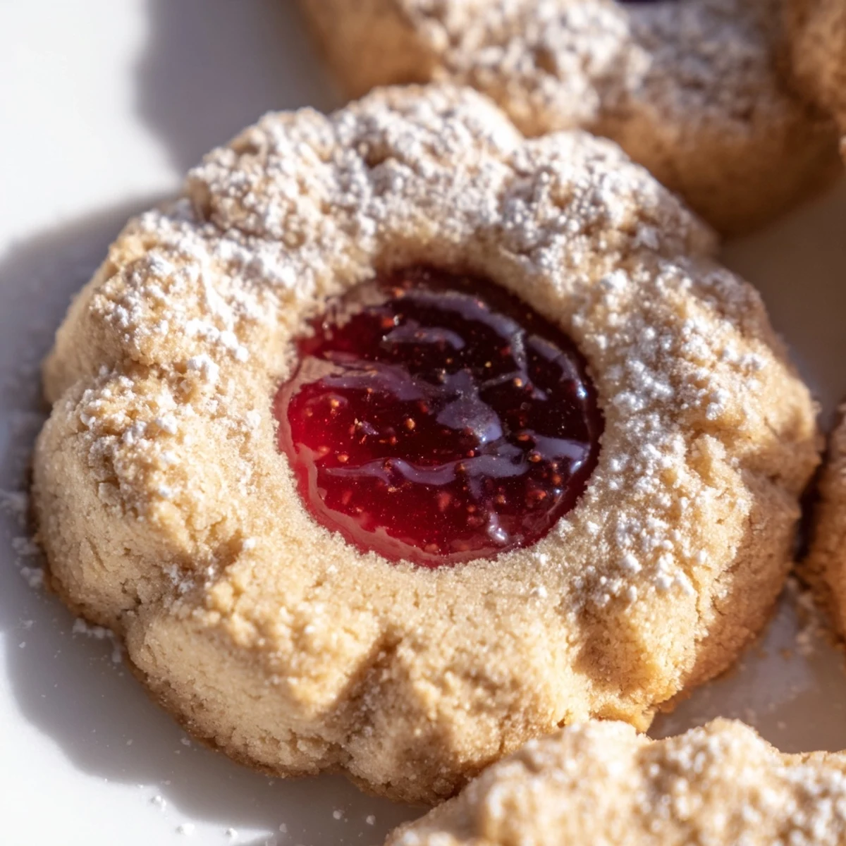 Buttery flower jam thumbprint cookies dusted with powdered sugar ready for afternoon tea