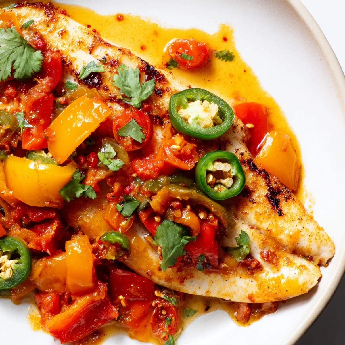 Golden tilapia fillets nestled in spicy roasted pepper skillet with vibrant red and yellow peppers