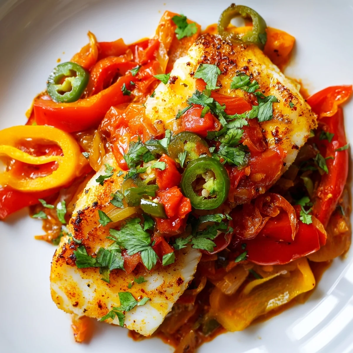 Spicy roasted pepper tilapia skillet served in cast iron with tender fish and colorful peppers