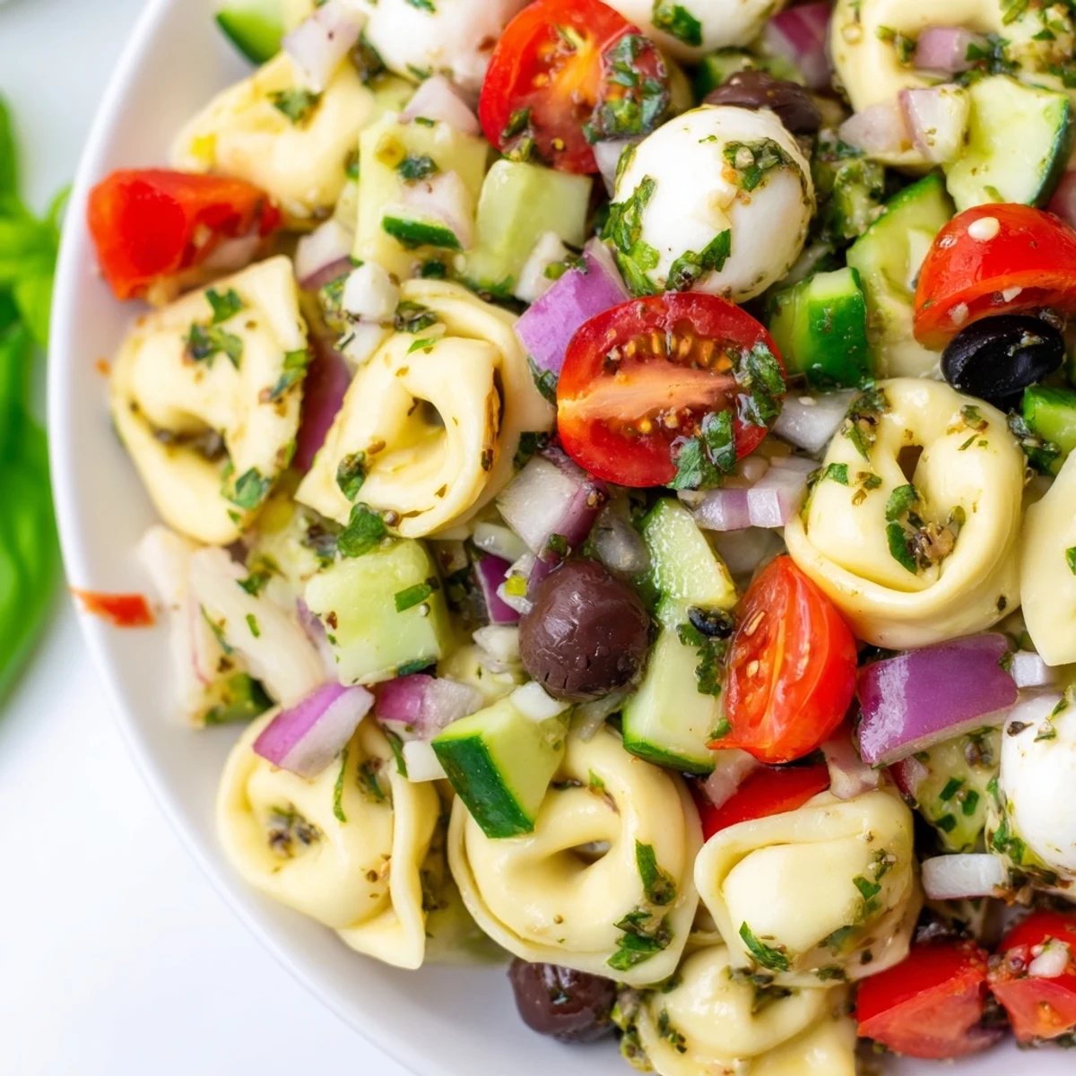 Cheese-filled tortellini pasta salad tossed with crisp vegetables and mozzarella in a serving dish