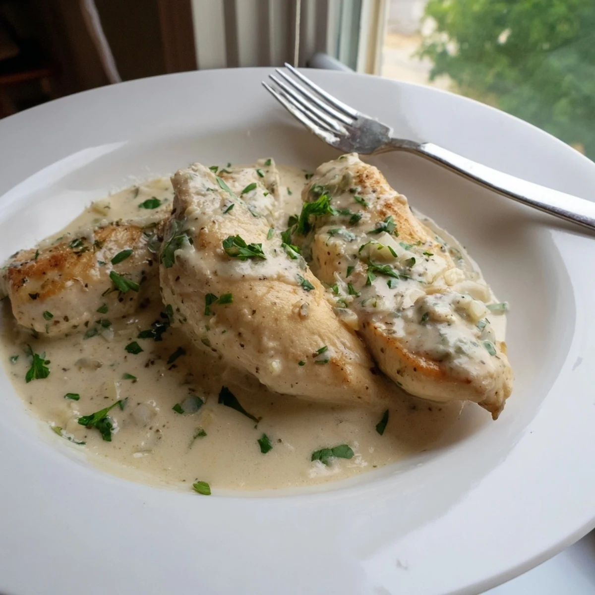 Golden seared creamy garlic chicken breasts nestled in a rich, velvety white Parmesan sauce