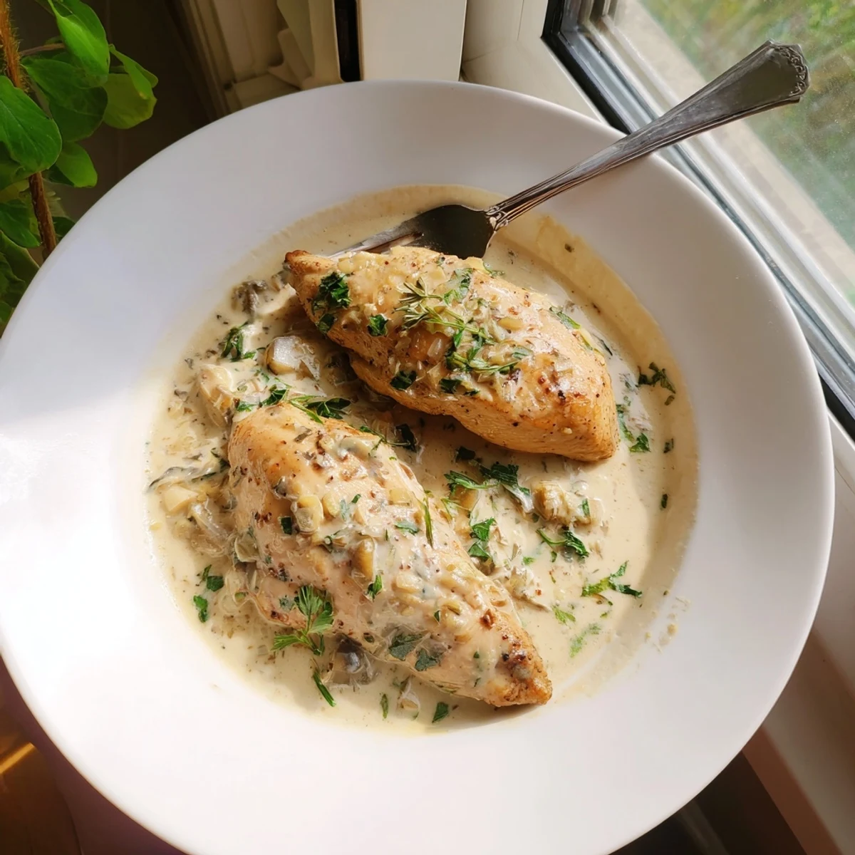 Creamy garlic chicken smothered in a luscious garlic butter sauce with fresh parsley garnish
