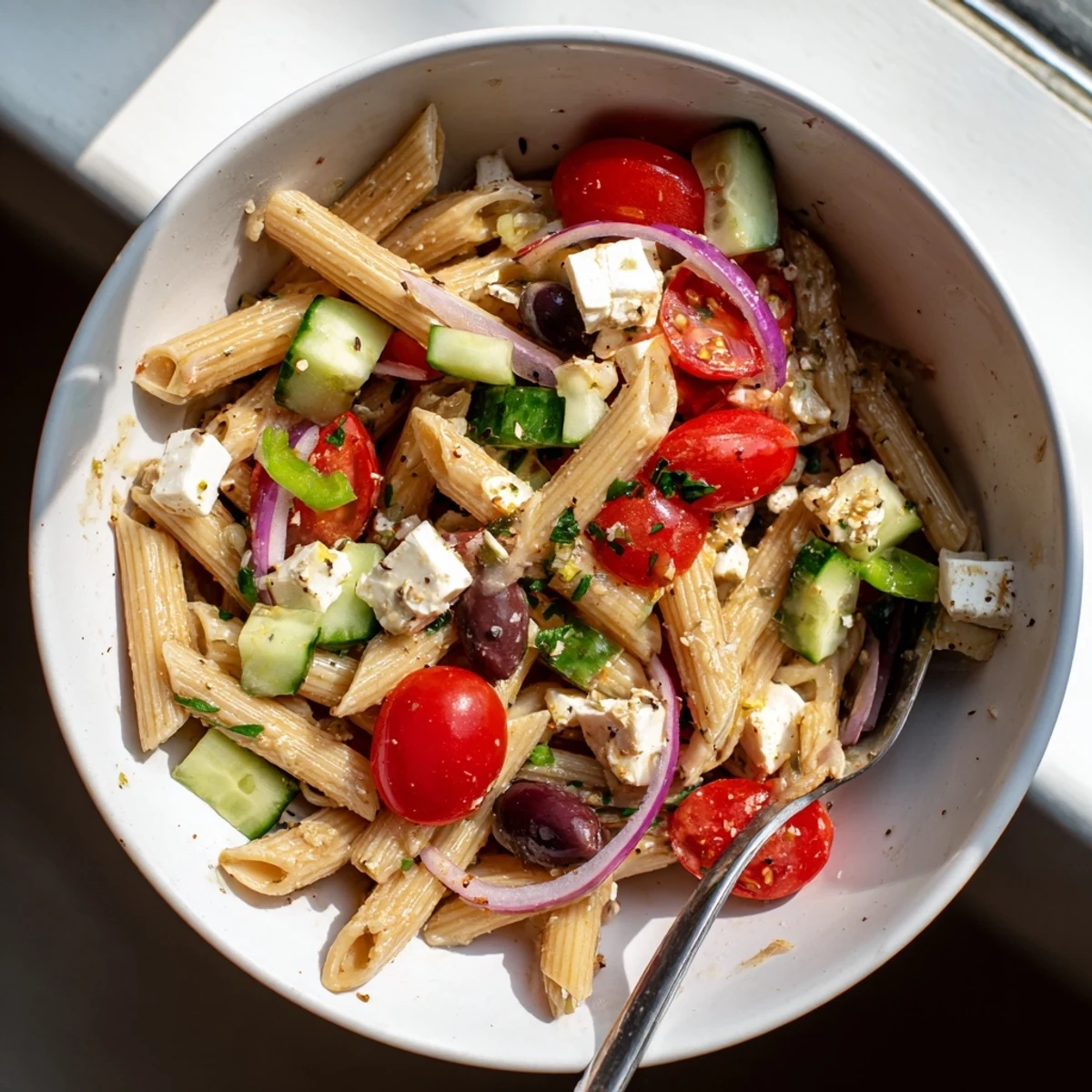 Colorful Greek pasta salad loaded with crisp cucumbers, ripe tomatoes, and tangy feta cheese