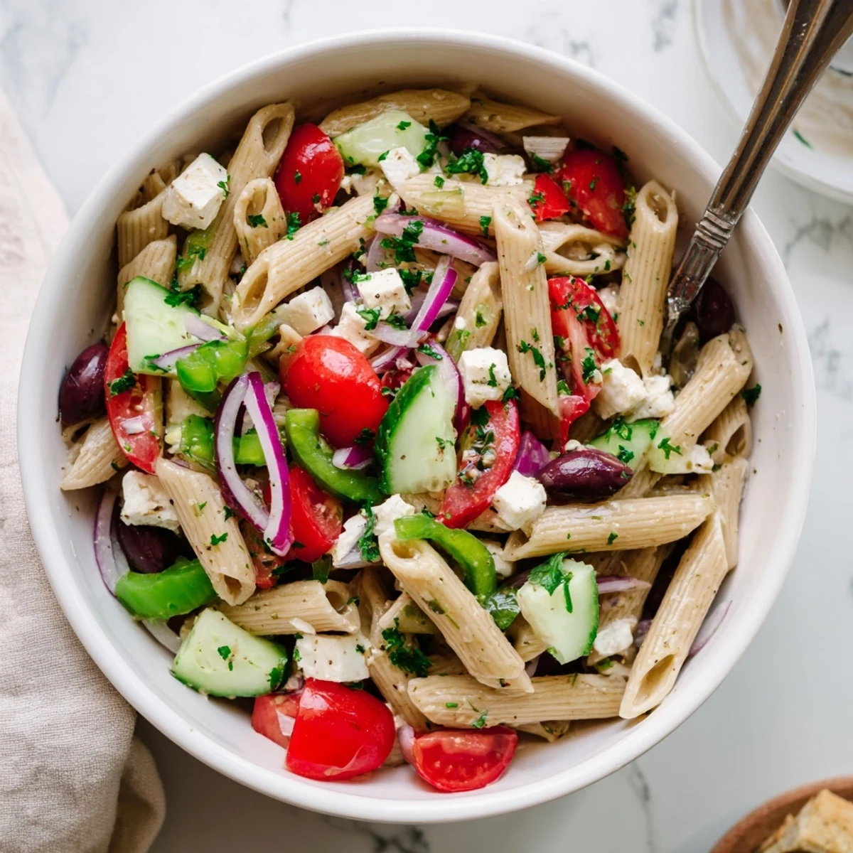 Chilled Greek pasta salad tossed with fresh vegetables and herb dressing in serving bowl
