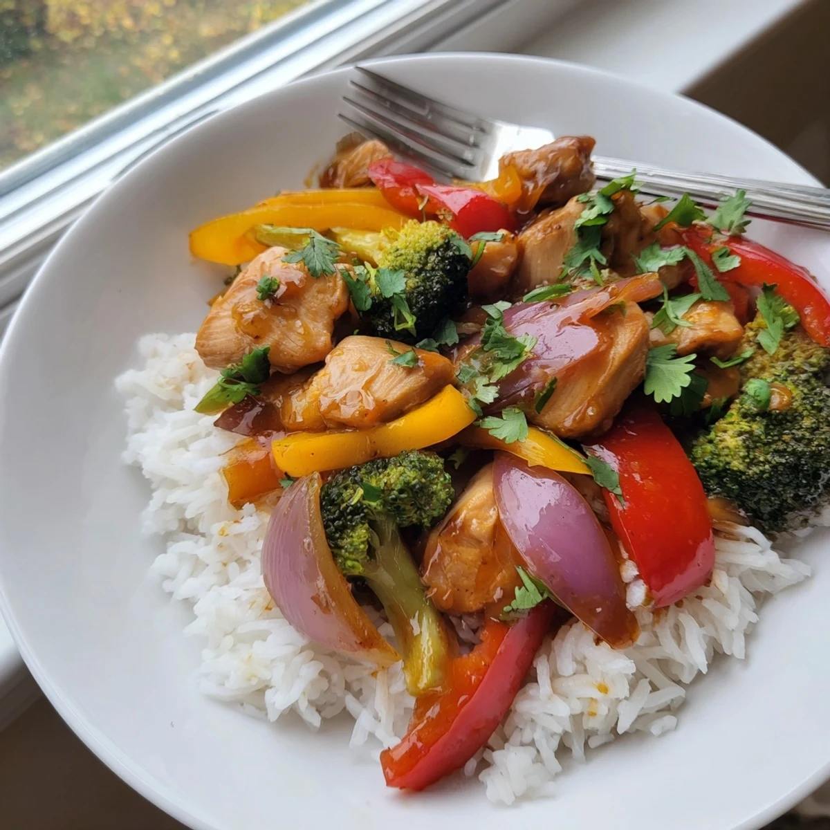Vibrant quick weeknight meal featuring glossy stir-fried peppers broccoli and golden brown chicken strips