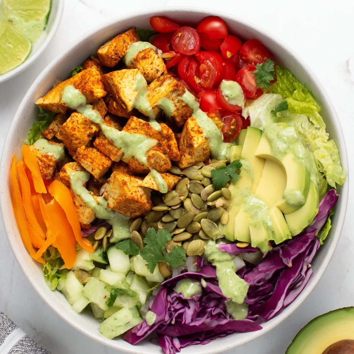 Colorful keto bowls loaded with fresh vegetables and tender seasoned chicken topped with creamy avocado dressing
