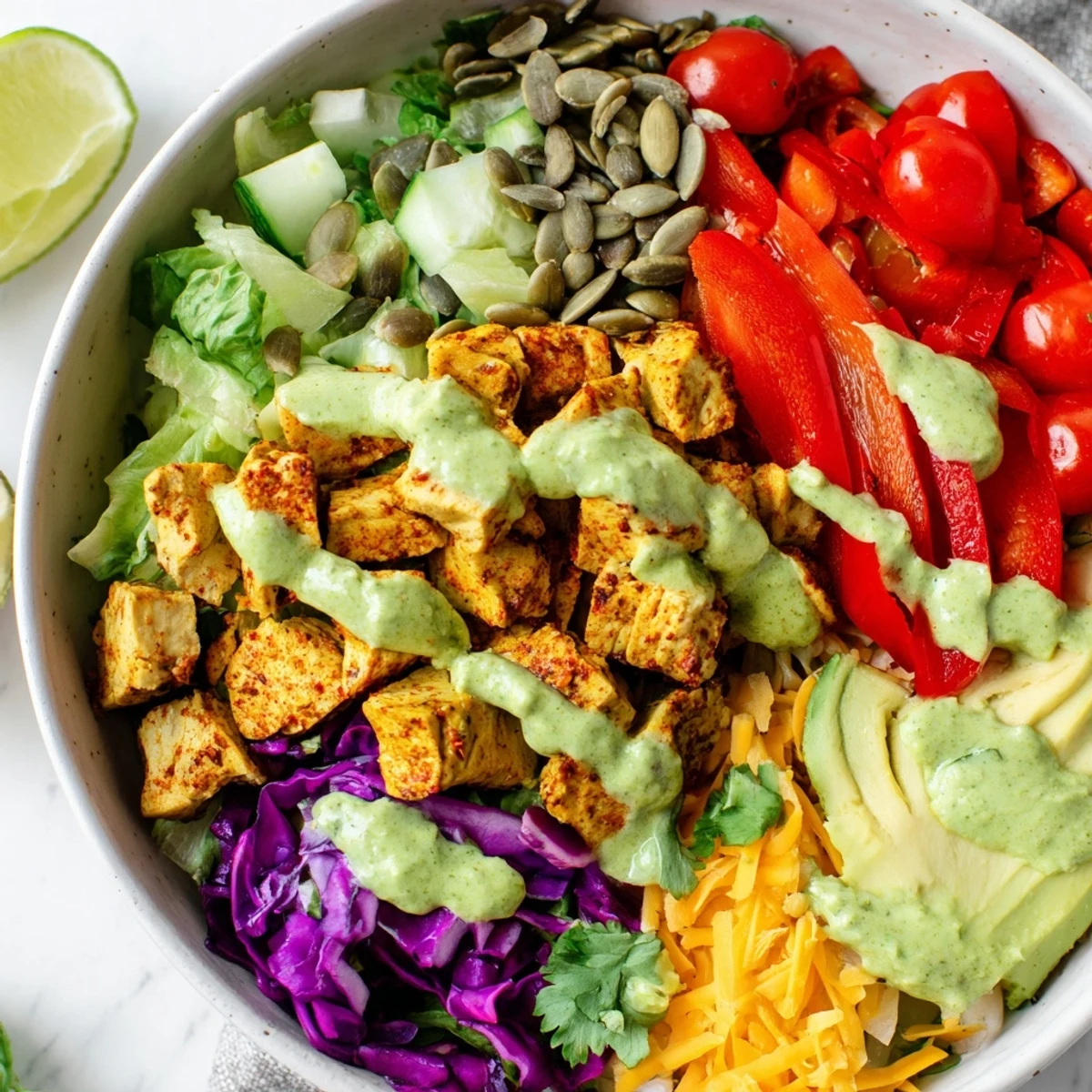 Keto bowls featuring crisp romaine lettuce, grilled chicken, and vibrant vegetables drizzled with rich avocado sauce
