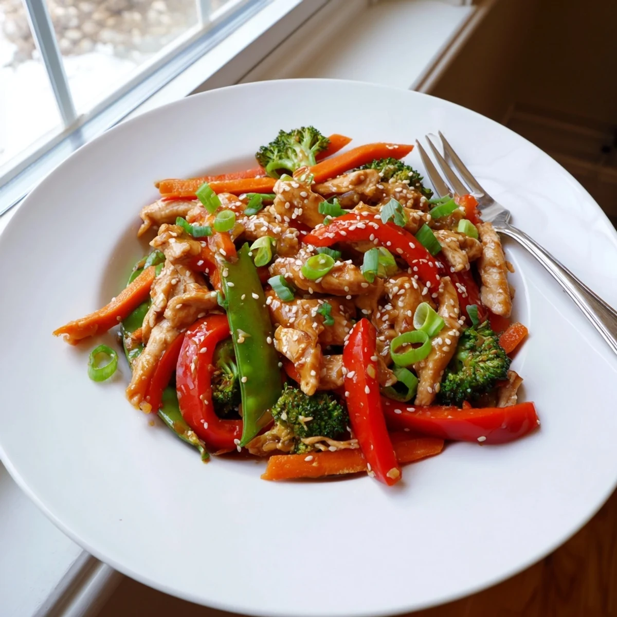 Glossy sesame soy chicken stir fry with vibrant vegetables in a cast iron skillet