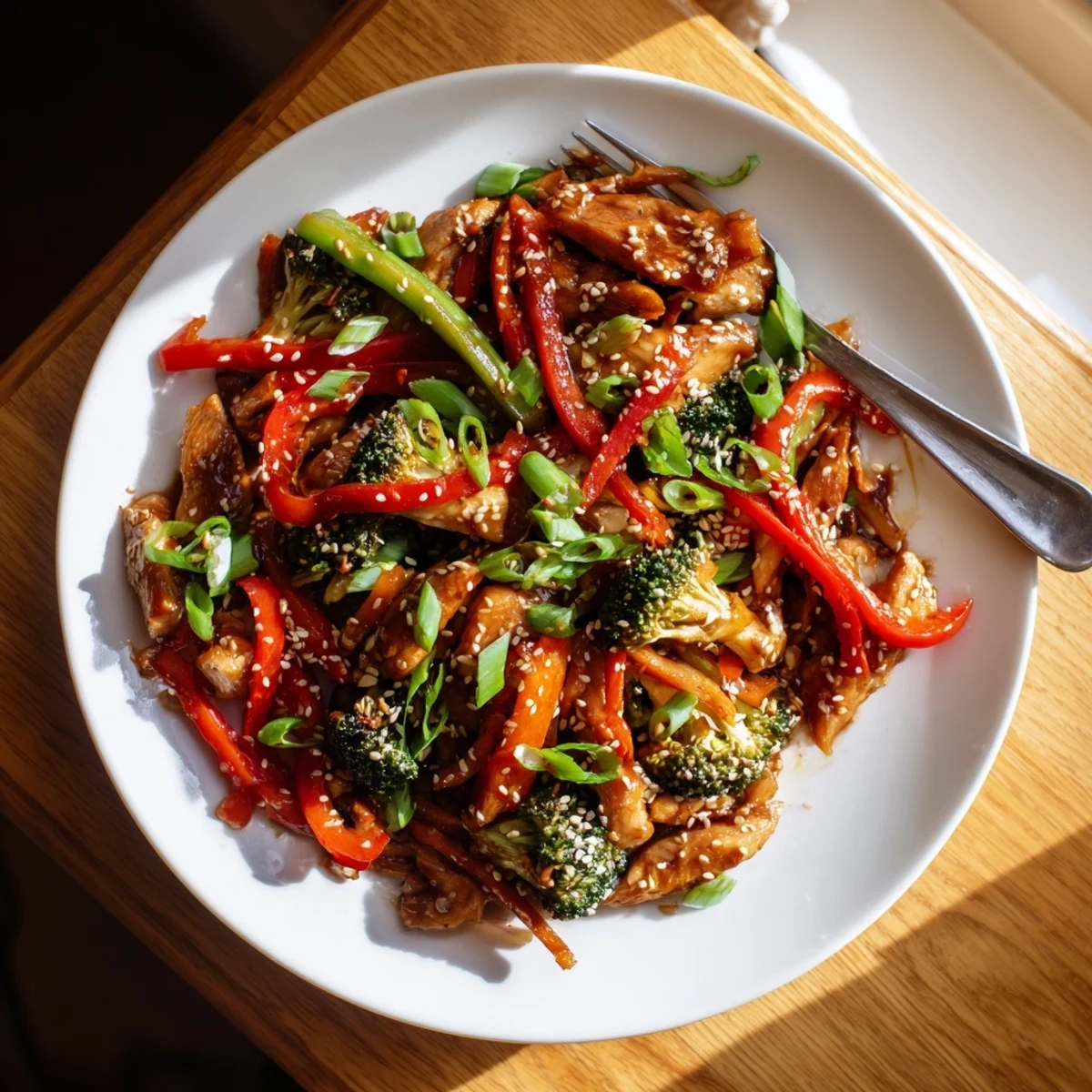Tender sesame soy chicken stir fry topped with toasted sesame seeds and green onions