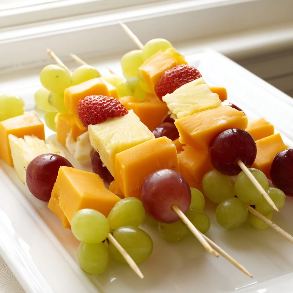 Fruit and cheese kabobs arranged on platter with colorful grapes, strawberries, and cheddar cubes