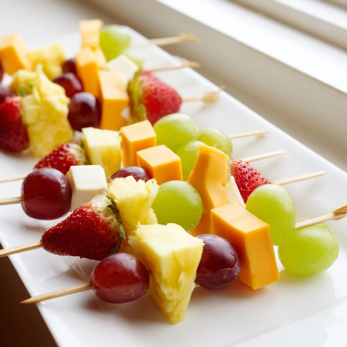 Colorful fruit and cheese kabobs featuring juicy grapes, pineapple, and creamy Monterey Jack skewers