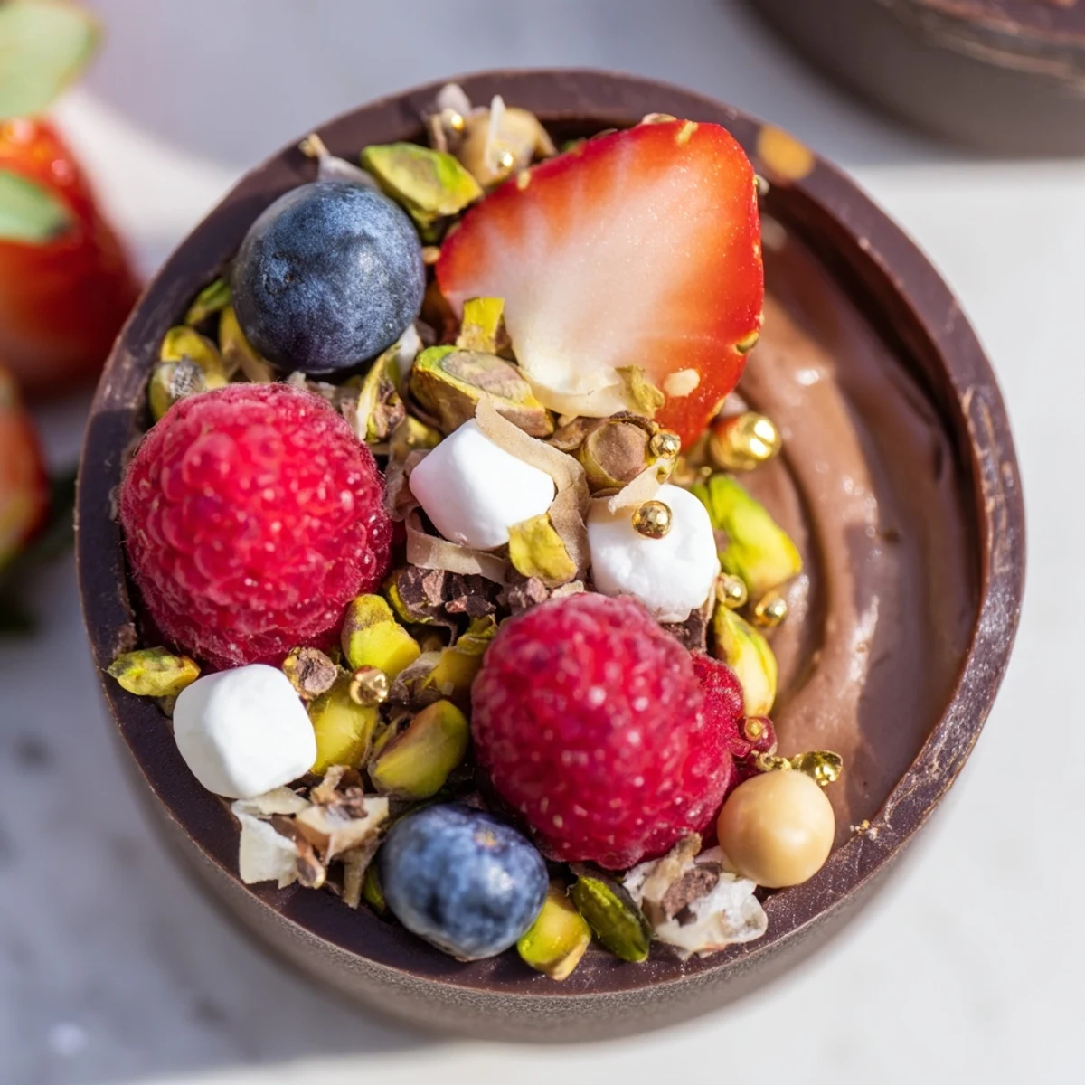 Elegant chocolate grazing cups filled with silky mousse, topped with vibrant berries and crunchy nuts