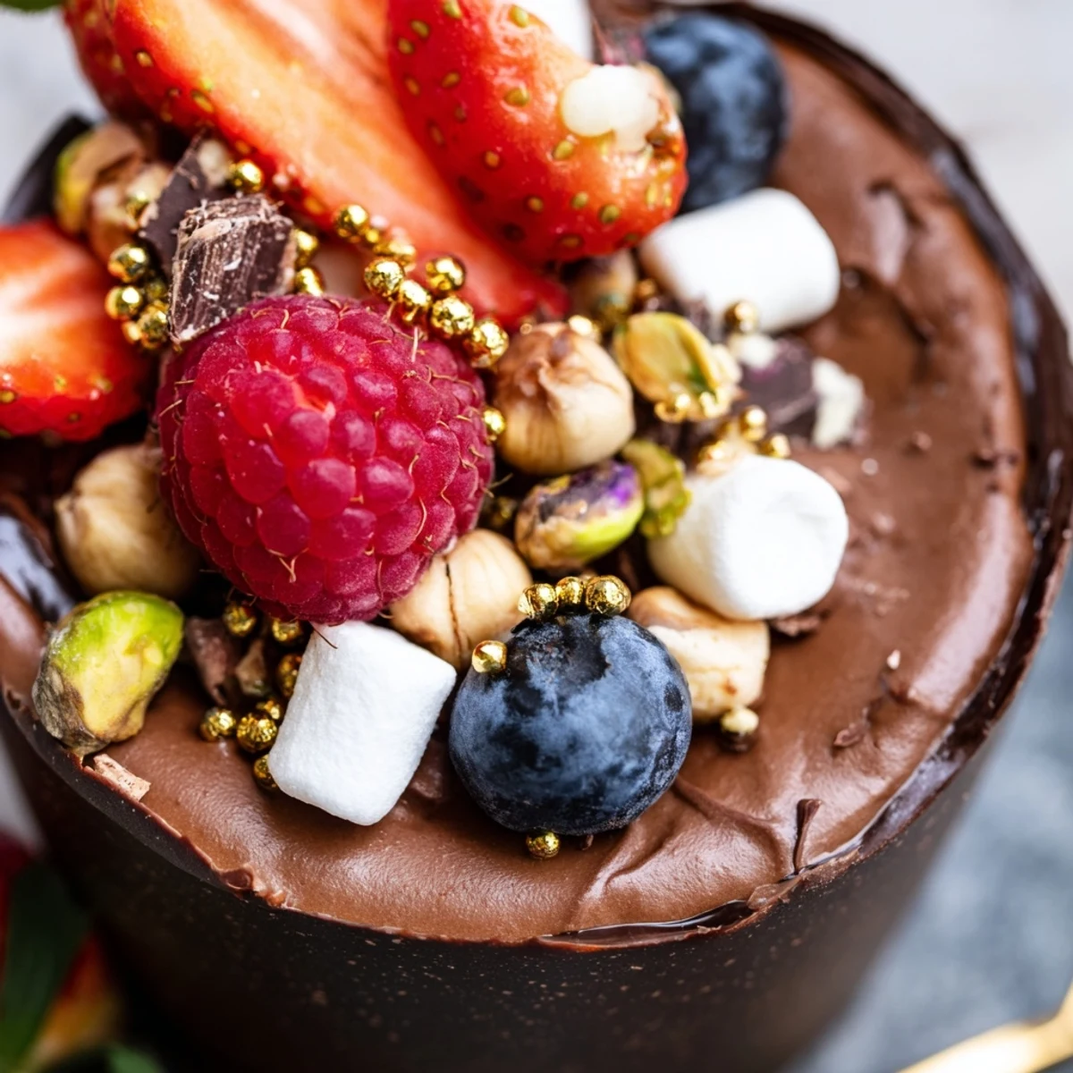 Rich chocolate grazing cups feature creamy mousse layers, fresh fruit, and decadent chocolate curls