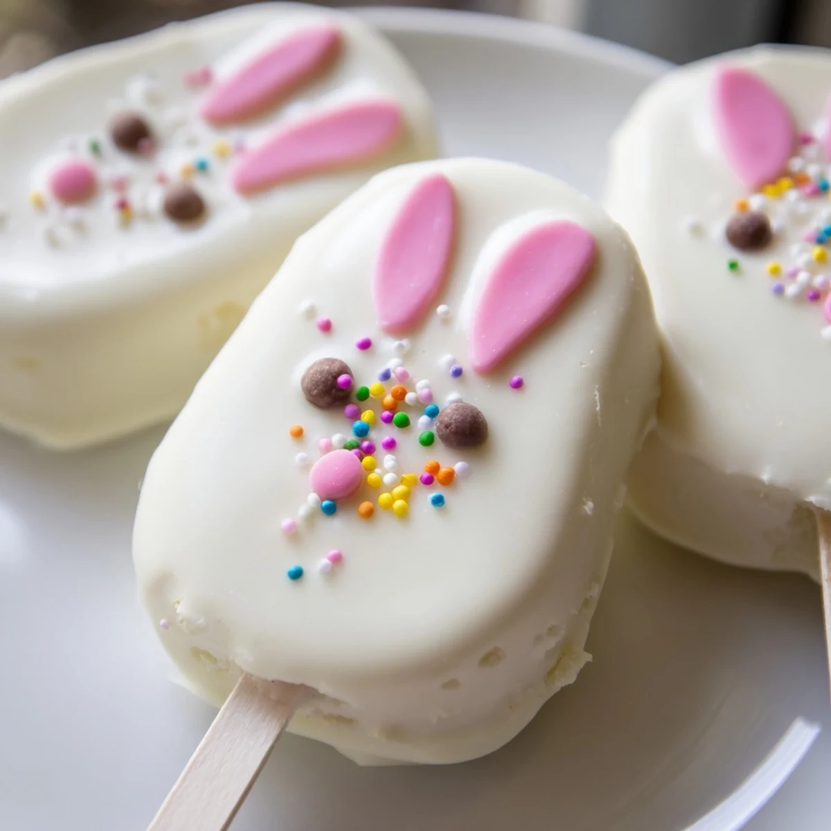 Adorable white chocolate bunny cakesicles with candy eyes and pink ears on sticks
