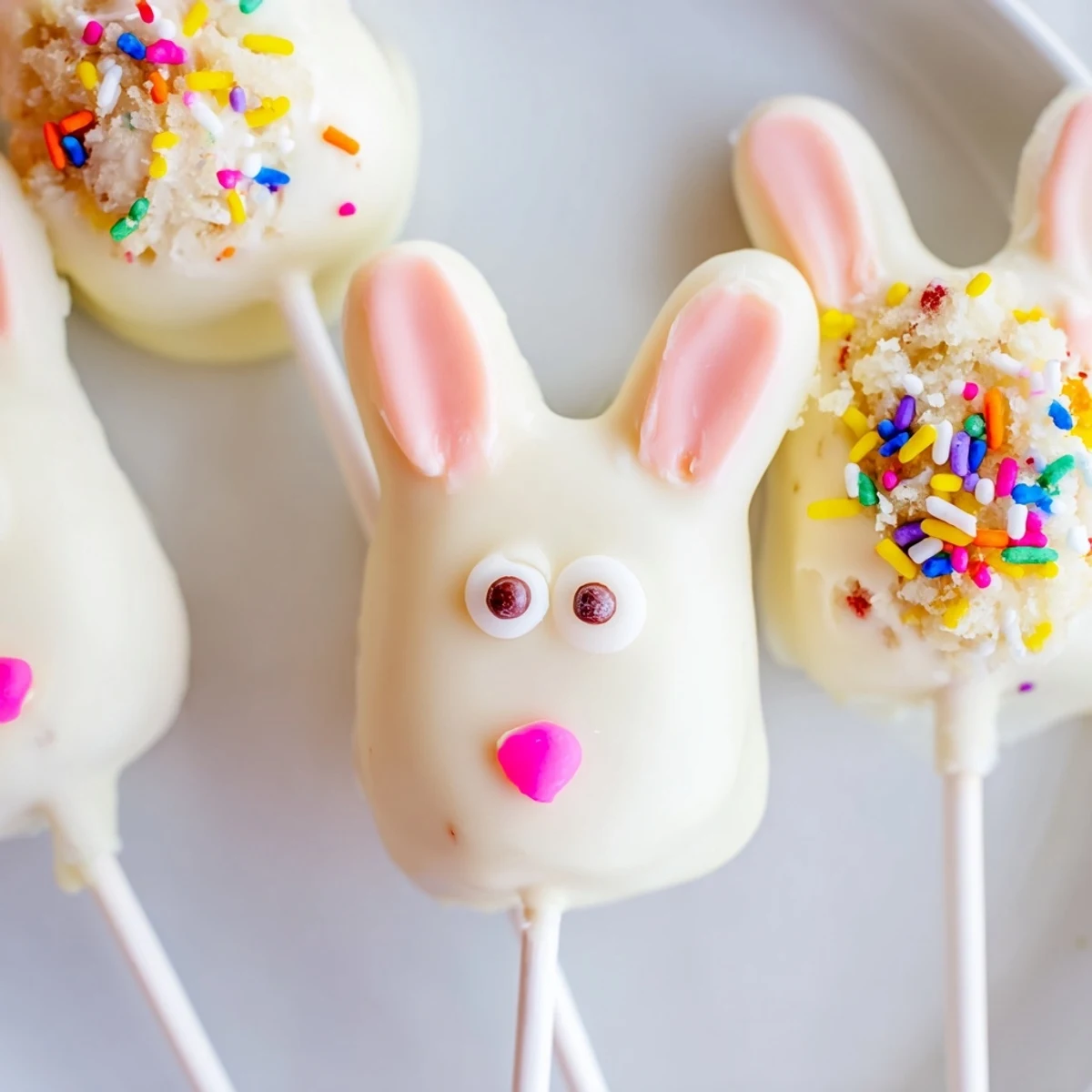 Creamy white chocolate bunny cakesicles decorated with sprinkles for festive Easter treats