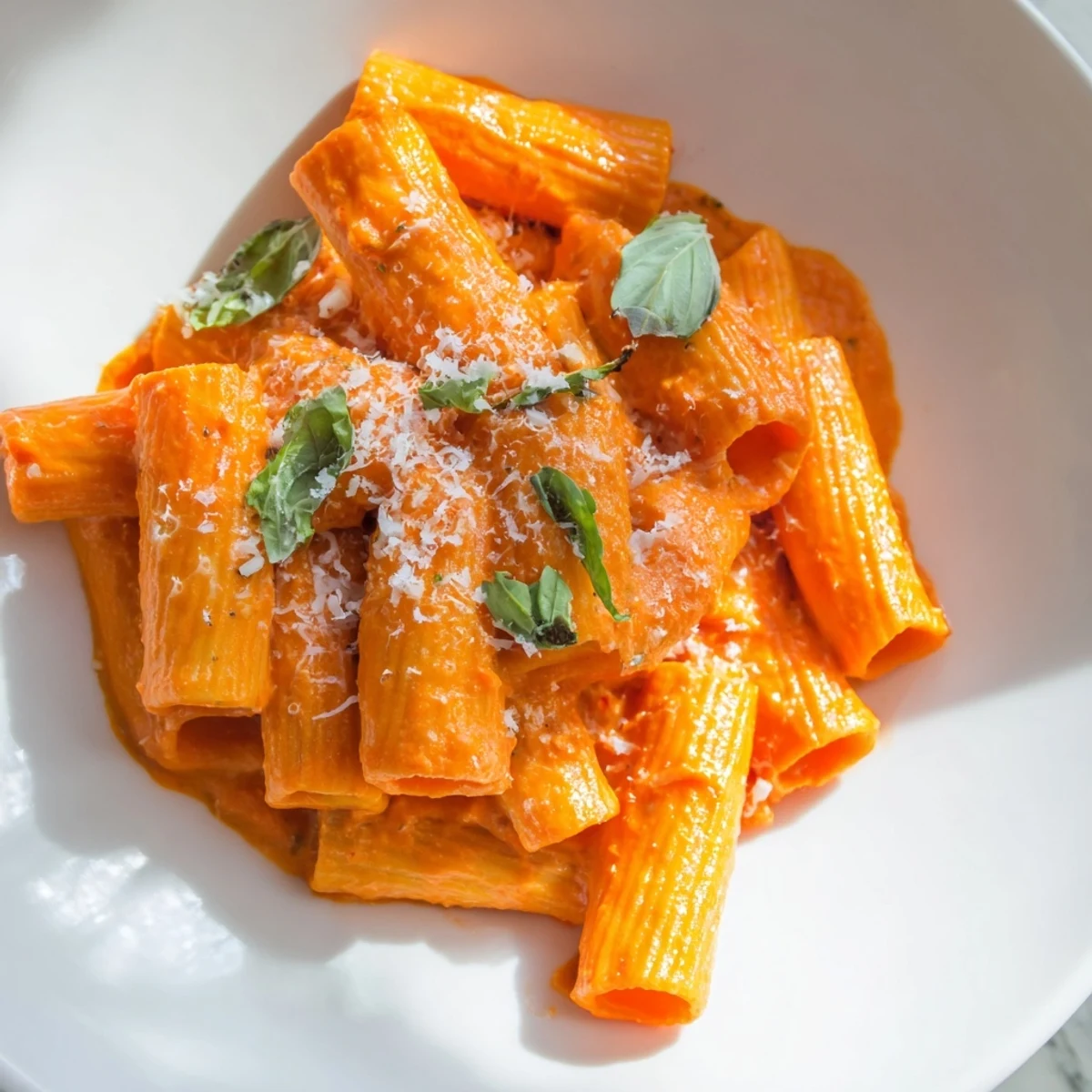 Creamy roasted red pepper pasta in a vibrant orange sauce topped with fresh basil