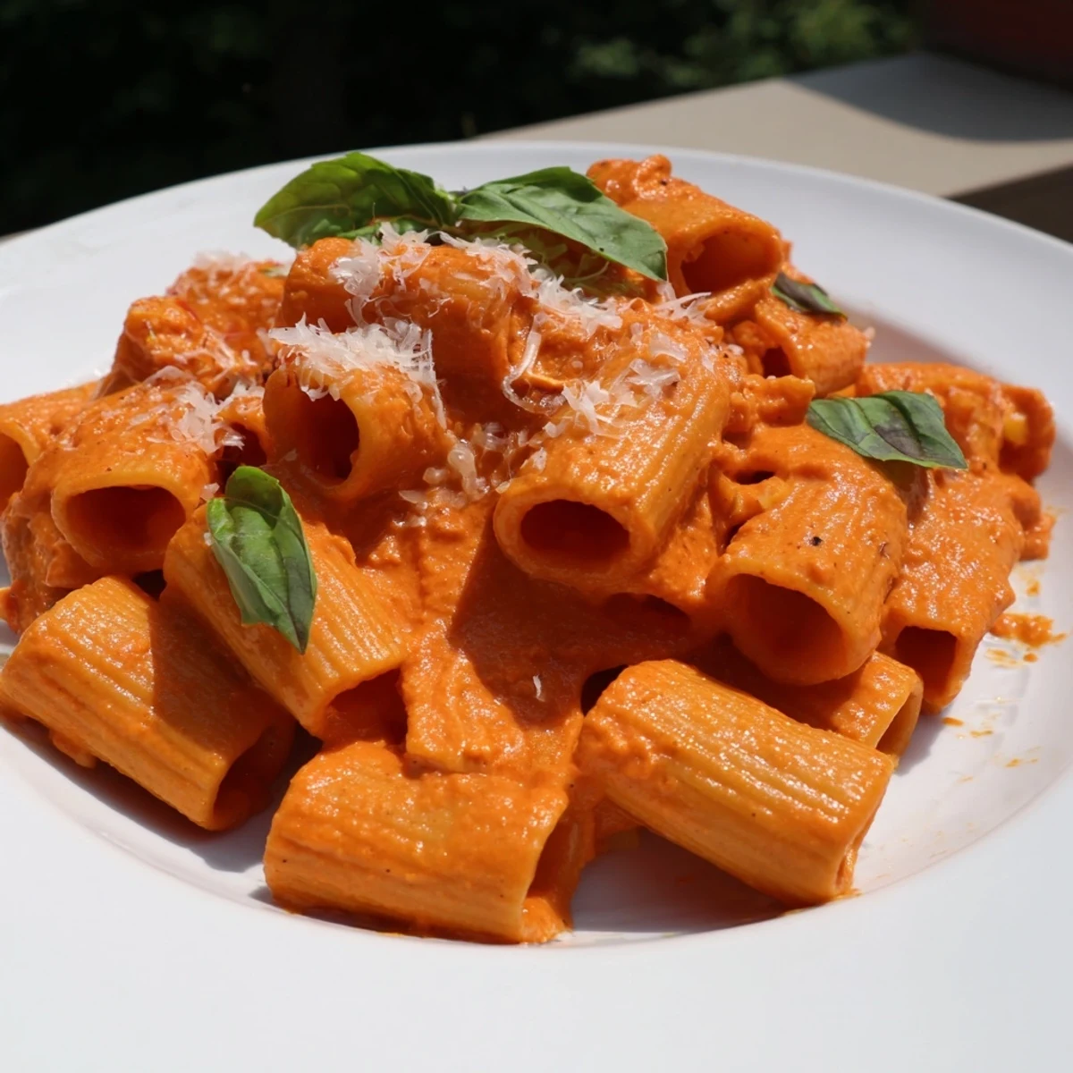 Steaming bowl of roasted red pepper pasta garnished with parmesan and green herbs