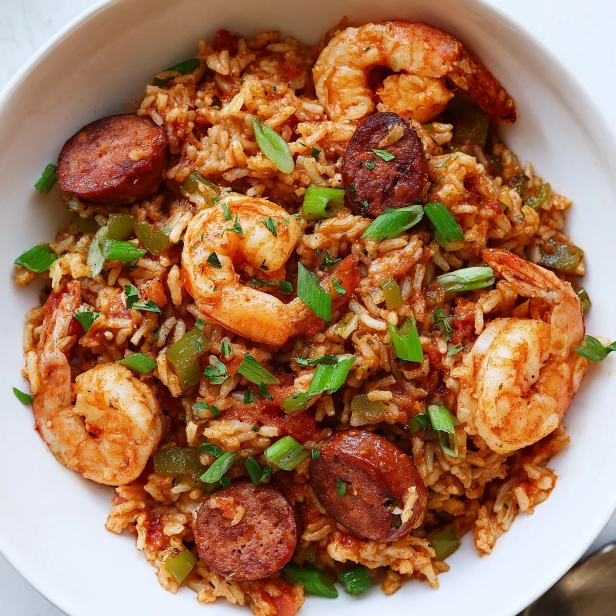 Golden shrimp and sausage dirty rice garnished with fresh parsley and scallions in cast iron skillet