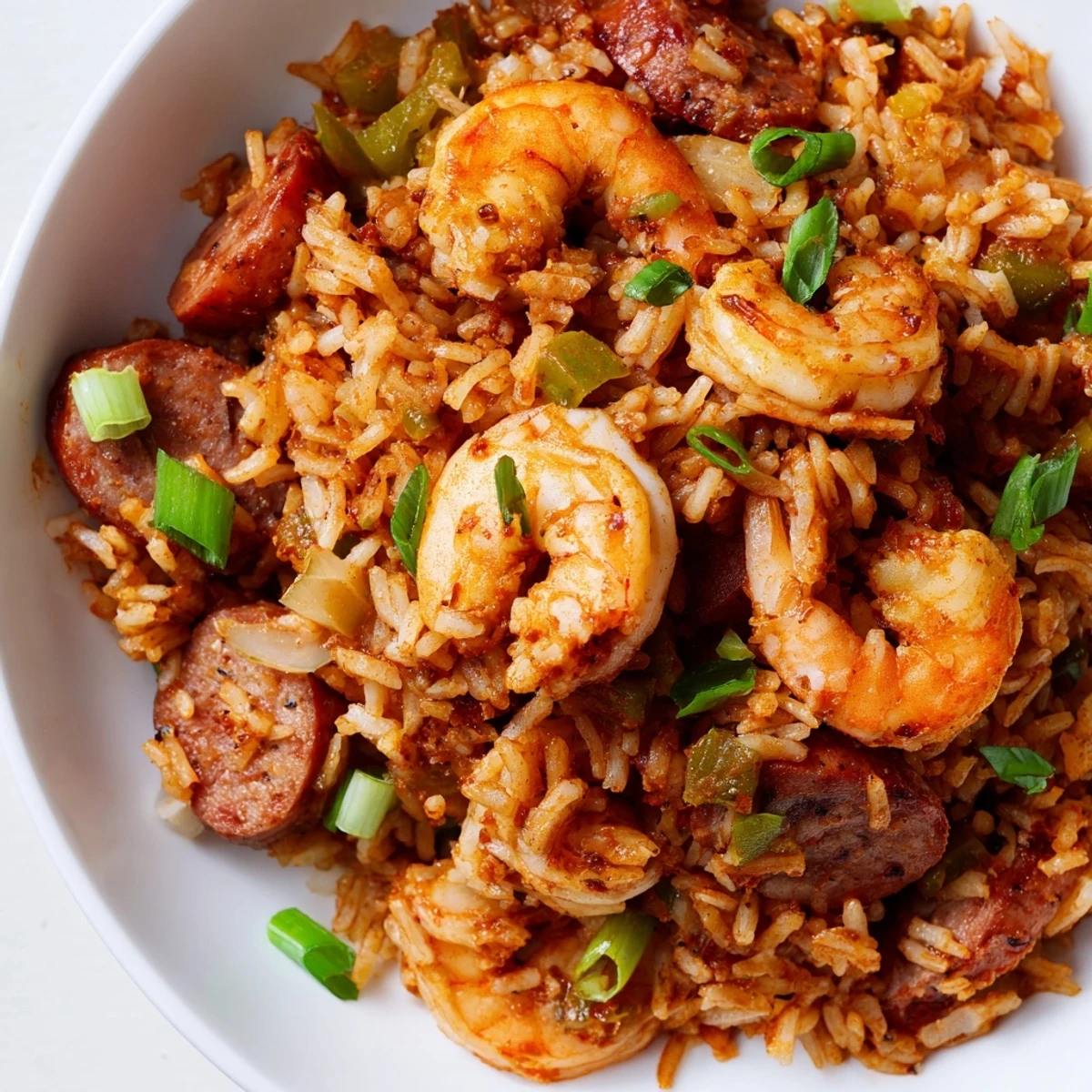 Hearty shrimp and sausage dirty rice with tender vegetables and spicy andouille in seasoned broth