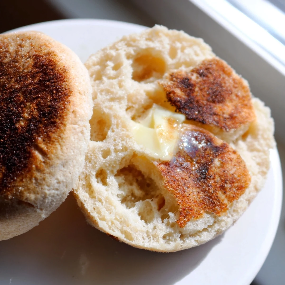 Golden homemade English muffins with cornmeal dusting, split open to reveal airy nooks and crannies.