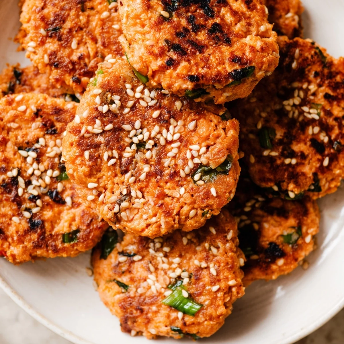 Crispy harissa sesame salmon patties sizzling golden brown in a cast iron skillet