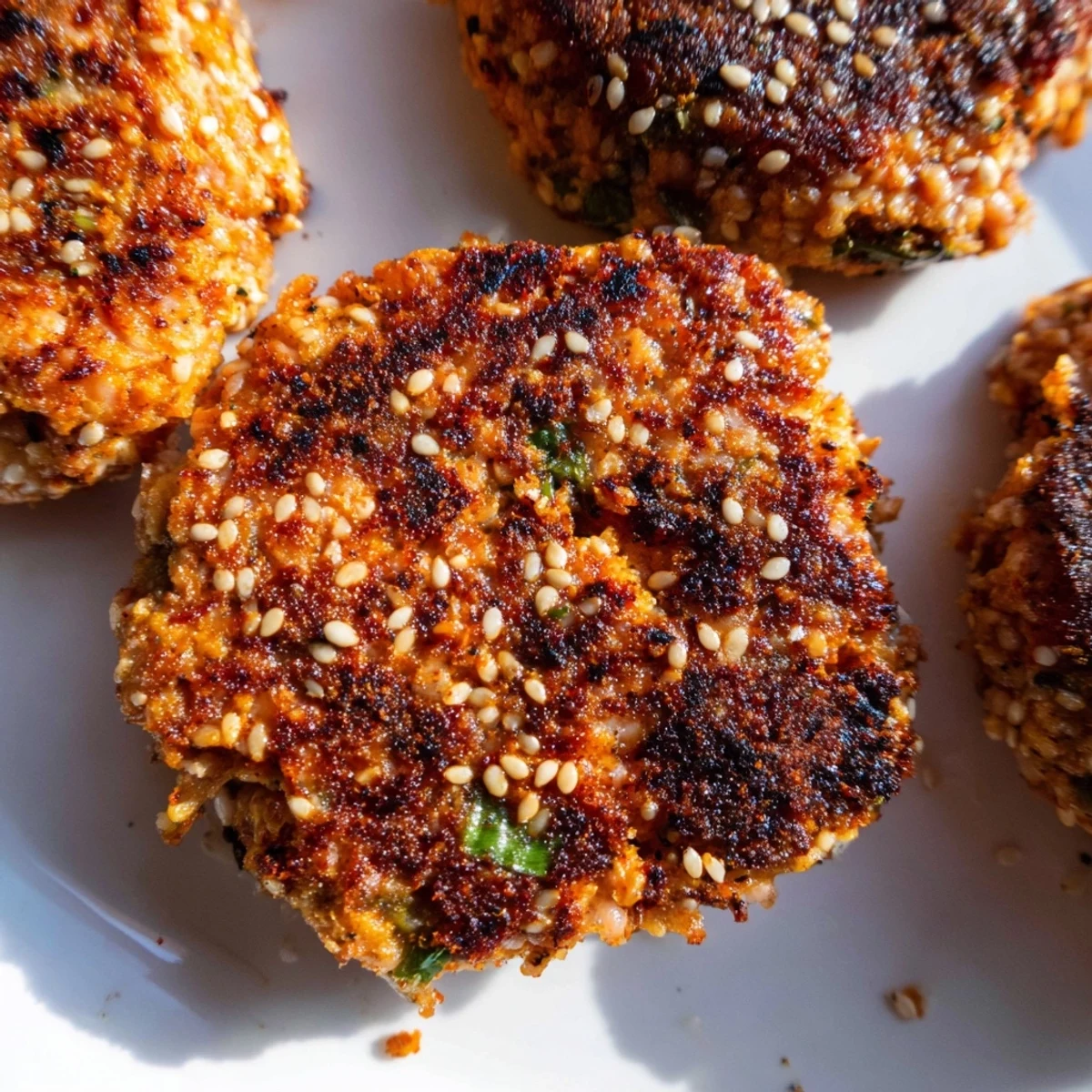 Spicy harissa sesame salmon patties topped with fresh cilantro and lemon wedges