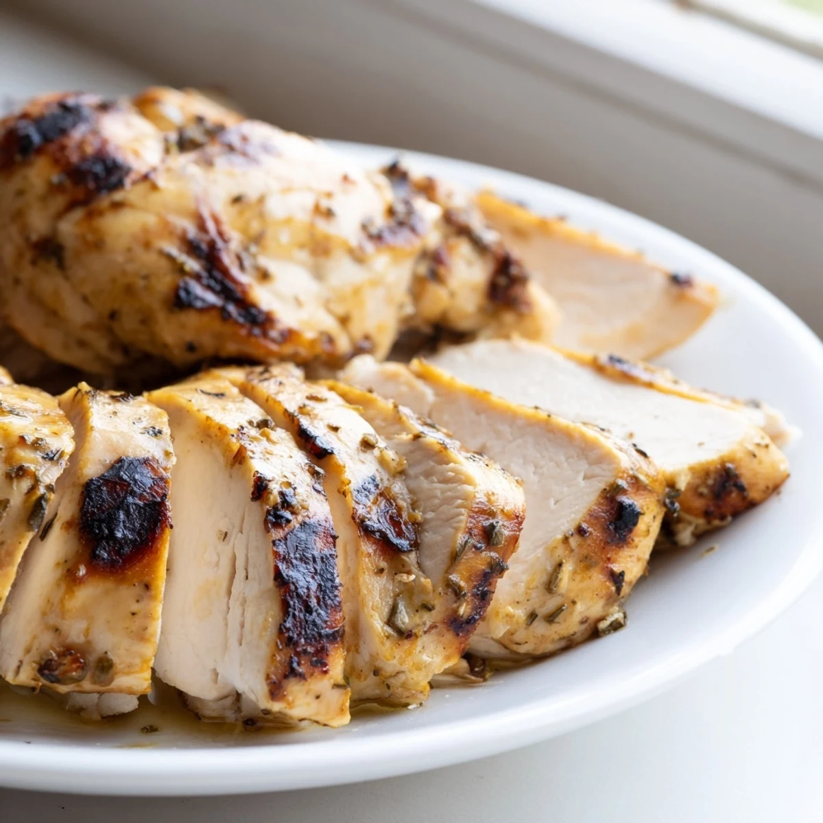 Juicy Greek yogurt marinated chicken sliced open showing moist texture with fresh herbs