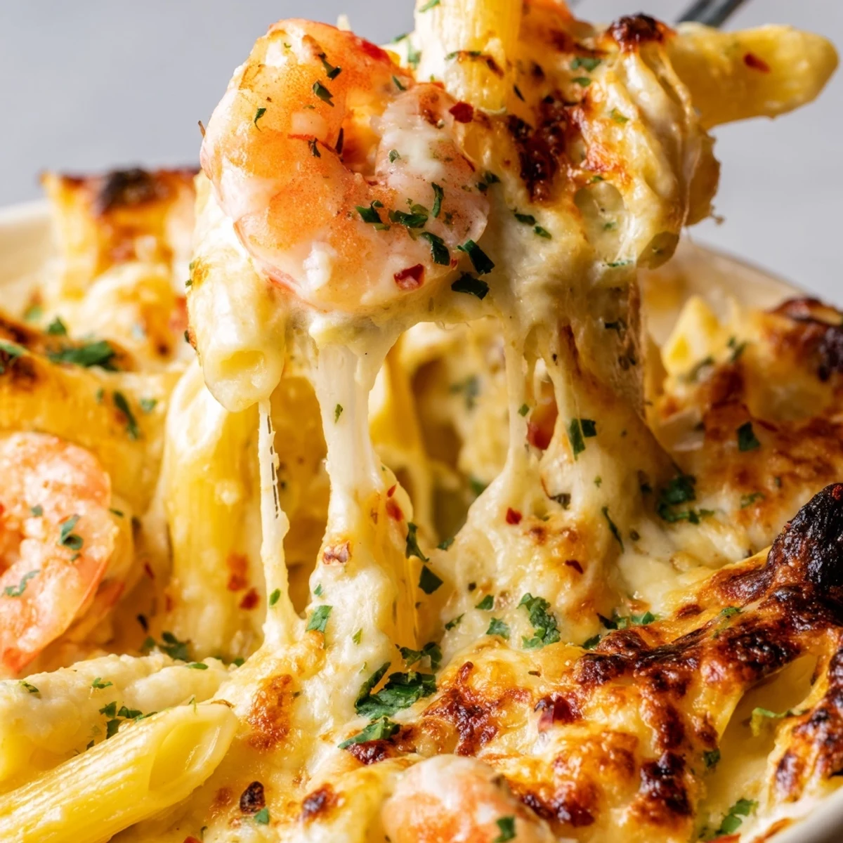Golden bubbling shrimp scampi pasta bake with melted mozzarella cheese topping in casserole dish