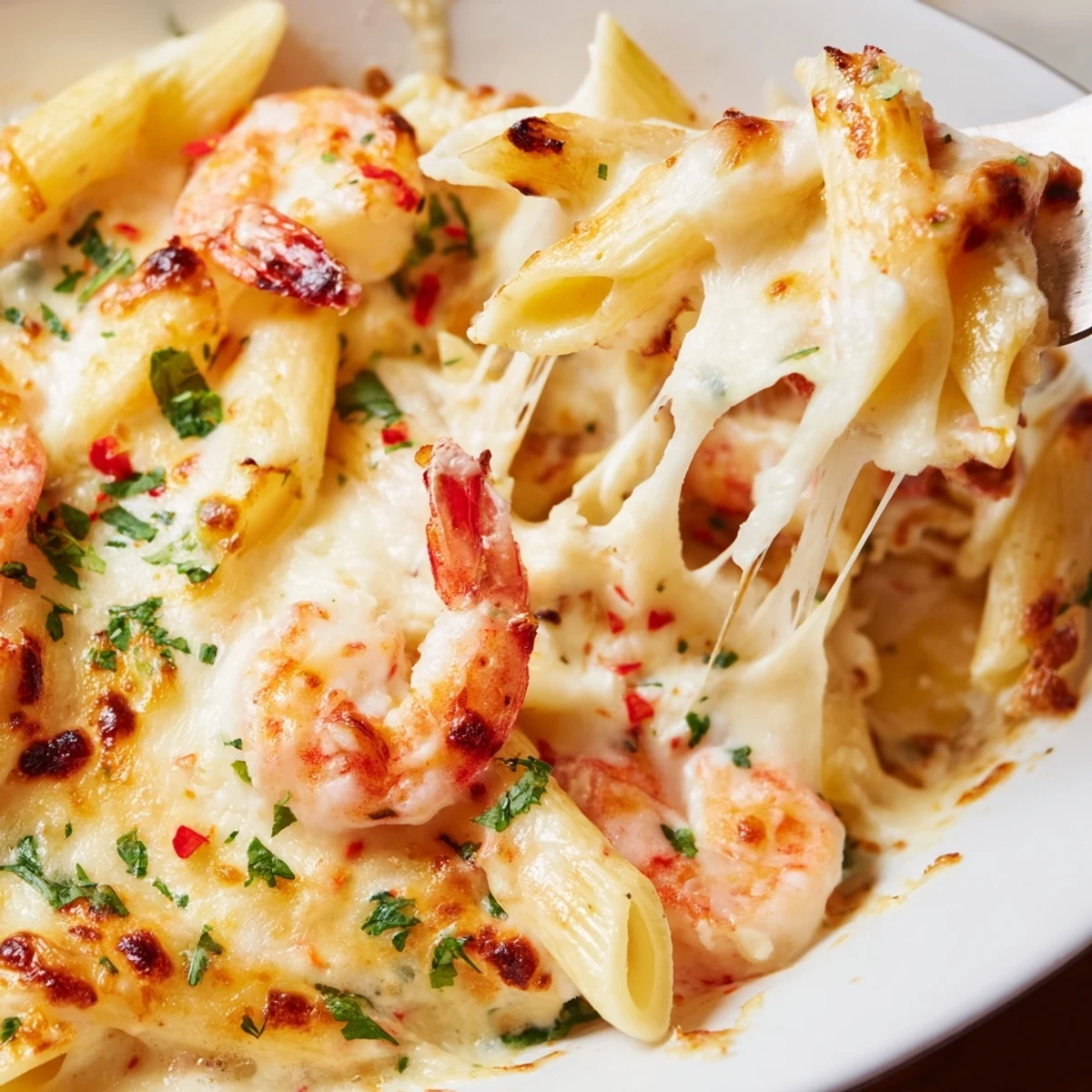 Creamy shrimp scampi pasta bake served steaming hot with fresh parsley garnish and lemon