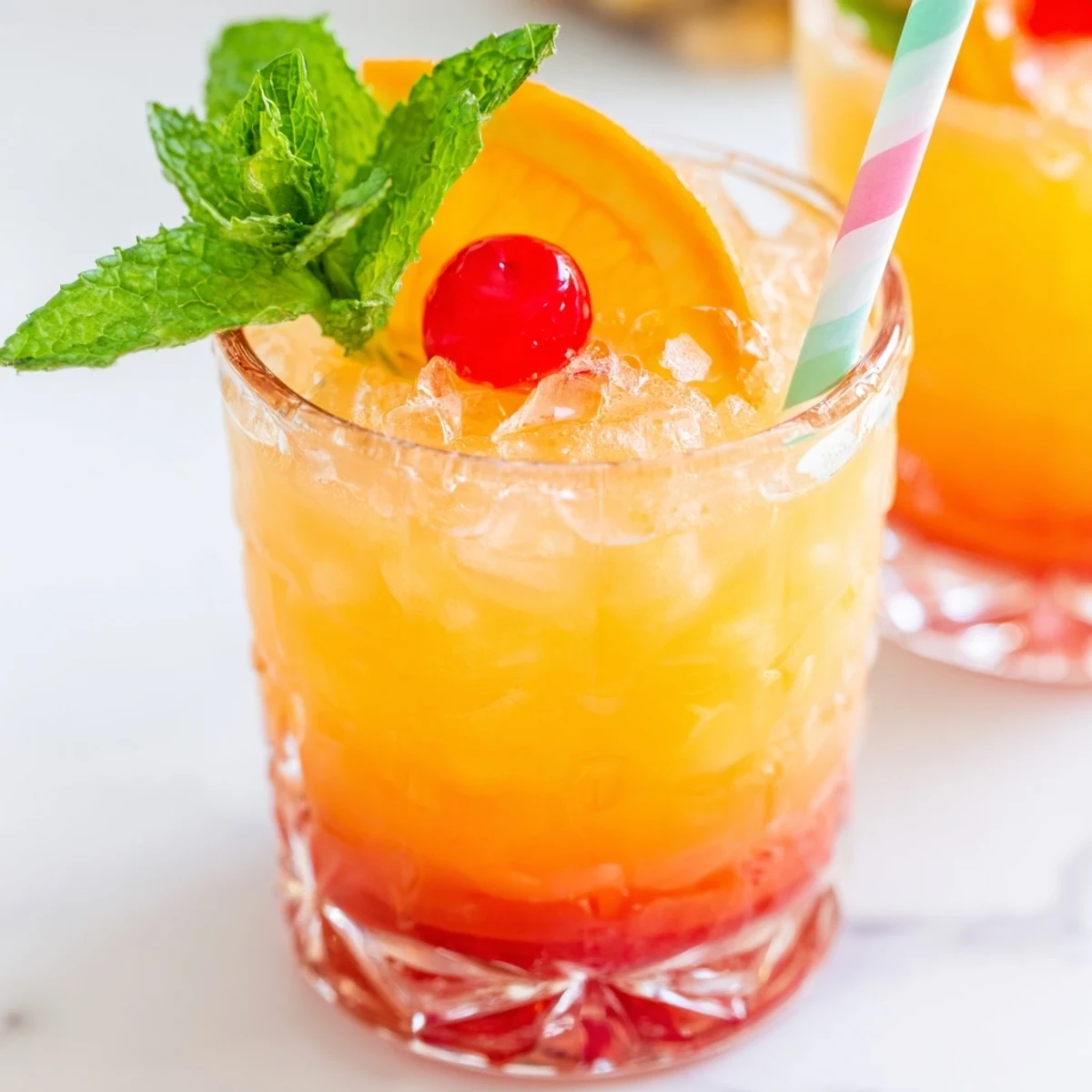 A non alcoholic Mai Tai garnished with a cherry and orange slice over crushed ice