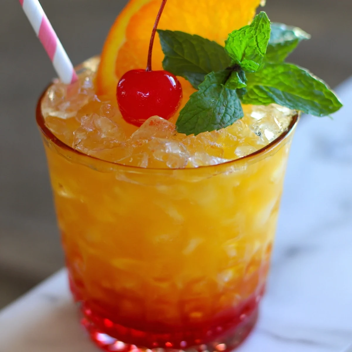 Tropical non alcoholic Mai Tai topped with fresh mint and served in a tiki glass