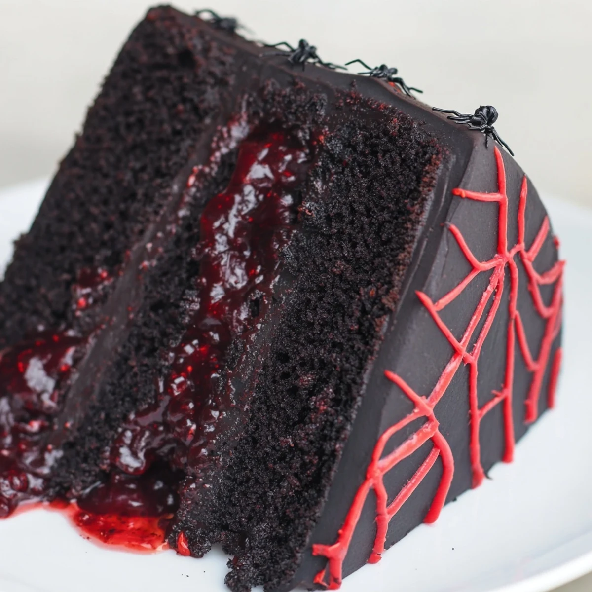 A dark and dramatic Black Widow Cake sliced open to reveal vibrant red cherry compote inside
