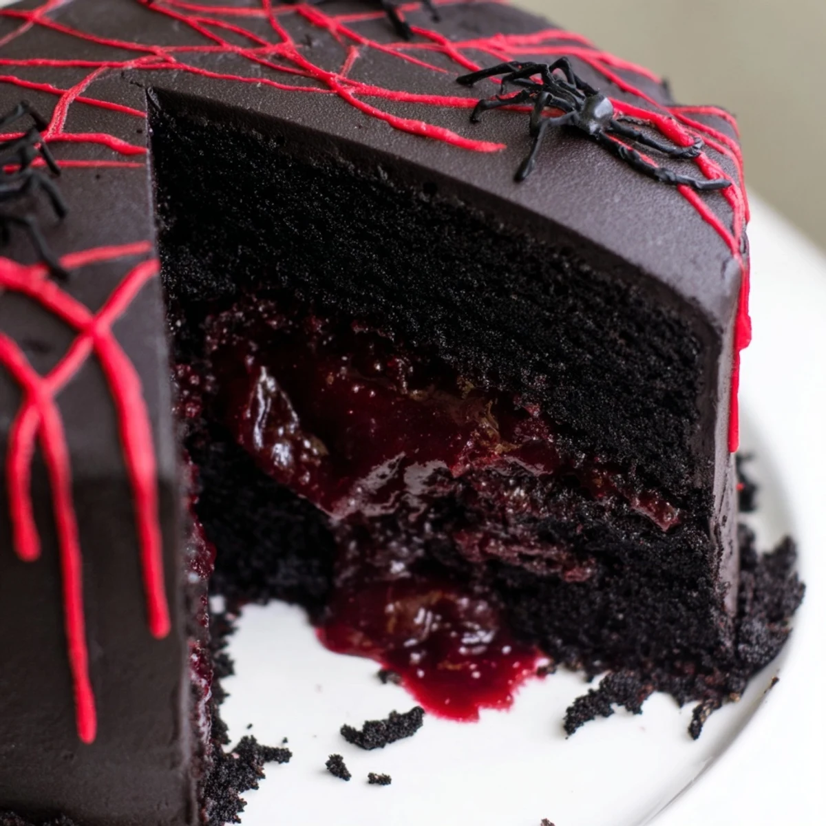 This towering Black Widow Cake features a rich chocolate crumb with a hidden bloody cherry filling perfect for Halloween parties