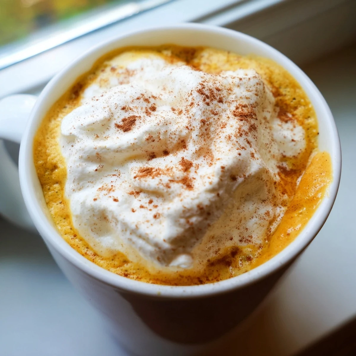 Creamy homemade pumpkin spice latte topped with whipped cream and cinnamon dust