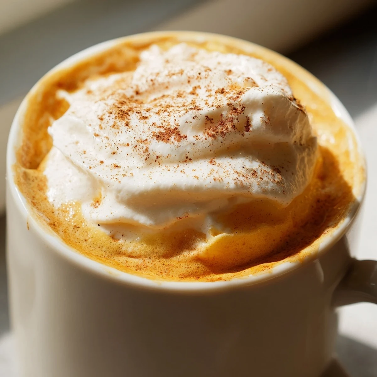 Rich homemade pumpkin spice latte with frothy milk and a swirl of pumpkin purée